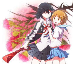  2girls aihara_kaya bad_id bad_pixiv_id black_hair blue_eyes blue_sailor_collar blue_skirt brown_eyes brown_hair flower jacket kill_la_kill letterman_jacket mankanshoku_mako matoi_ryuuko multiple_girls ribbon sailor_collar school_uniform scissor_blade_(kill_la_kill) serafuku short_hair skirt sword weapon 