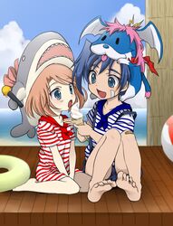  1boy ascot barefoot blue_eyes brother_and_sister brown_hair cardfight!!_vanguard commentary_request feeding female food full_body hat ice_cream ice_cream_cone microphone open_mouth sendou_aichi sendou_emi shijimi_(outa) short_hair siblings smile soft_serve wingal 