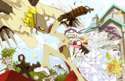  ? amatera arachnemon black_hair blackwargreymon digimon digimon_adventure digimon_adventure_02 female fighting long_hair multiple_boys mummymon oikawa_yukio pipimon short_hair silver_hair weapon 