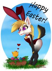  alpha_channel anthro avian azaleesh basket bird chibi chicken clothing container costume dialogue duo easter egg english_text female feral galliform gallus_(genus) grass heart_symbol holidays lagomorph leporid mammal merena_(azaleesh) phasianid plant purple_eyes rabbit smile text 