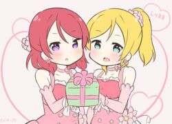  2girls :d :o ayase_eli bad_id bad_twitter_id blonde_hair blue_eyes blush box choker commentary_request dress earrings elbow_gloves flower flower_earrings gift gift_box gloves hair_flower hair_ornament half_updo heart holding holding_gift jewelry looking_at_viewer love_live! love_live!_school_idol_project matching_earrings matching_outfits multiple_girls nishikino_maki open_mouth pink_dress pink_gloves ponytail purple_eyes red_hair ribbon_choker saku_usako_(rabbit) smile 