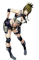  absurdres black_gloves boots breasts charm_(object) cleavage crop_top female fingerless_gloves full_body gloves green_eyes green_hair gun hand_on_own_hip handgun highres holster kisaragi_chitose knee_pads large_breasts leaning_forward long_hair midriff official_art pigeon-toed simple_background sleeveless smile solo standing super_robot_wars super_robot_wars_v thigh_strap watanabe_wataru_(character_designer) weapon white_background 