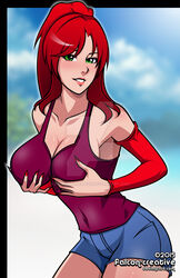  breasts clothed falcon-creative female female_only green_eyes hair hands_on_breasts hotpants long_hair looking_at_viewer mary_ann_(ladydreammaker) ponytail red_hair smile solo text tied_hair 