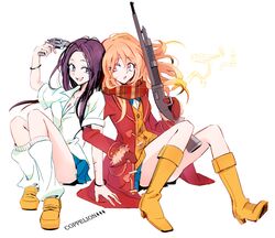  2girls bad_id bad_pixiv_id blue_skirt boots coat coppelion copyright_name electricity finger_on_trigger full_body gloves gun gun_to_head handgun holding holding_gun holding_weapon loafers long_hair loose_socks miniskirt mittens multiple_girls orange_hair ozu_kanon ozu_shion penki pink_eyes pleated_skirt purple_eyes purple_hair revolver scarf school_uniform shoes short_sleeves shotgun siblings sisters skirt socks weapon 