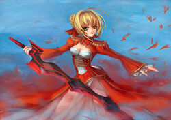  aestus_estus ahoge blonde_hair breasts cleavage commentary_request dress epaulettes fate/extra fate_(series) female green_eyes hair_ribbon hideki medium_breasts nero_claudius_(fate) nero_claudius_(fate/extra) photoshop_(medium) red_dress ribbon see-through solo sword weapon 