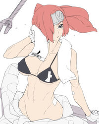  ban!_(bansankan) bikini bikini_top_only bottomless breasts cleavage clothes_around_waist collarbone female gloves grey_eyes groin hair_over_one_eye headgear large_breasts navel photoshop_(medium) ponytail red_hair sasaki_(sidonia_no_kishi) sidonia_no_kishi simple_background solo swimsuit toned towel white_background white_gloves wiping_sweat wrench 