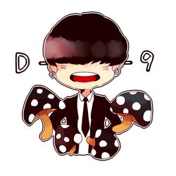  1boy bigbang black_hair black_necktie blazer chibi collared_shirt countdown daesung earrings hair_over_eyes hands_on_hips jewelry male_focus mushroom necktie open_mouth shirt smile solo white_background 