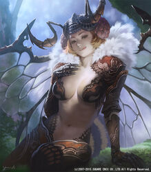  antennae armor arthropod_girl billhigel blonde_hair breasts center_opening commentary_request compound_eyes female gauntlets insect_wings large_breasts licking_lips lord_of_vermilion lord_of_vermilion_iii monster_girl nose pauldrons photoshop_(medium) revealing_clothes shoulder_armor sideboob sitting smile solo tongue tongue_out wings yuu_kikuchi 