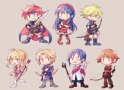  3girls 4boys armor bad_id bad_twitter_id blue_eyes blue_hair blush chibi clarine_(fire_emblem) couple dorothy_(fire_emblem) dress fire_emblem fire_emblem:_the_binding_blade fire_emblem_heroes hat highres jewelry klein_(fire_emblem) lilina_(fire_emblem) long_hair multiple_boys multiple_girls open_mouth red_hair roy_(fire_emblem) saul_(fire_emblem) short_hair simple_background smile straight sushitarou wolt_(fire_emblem) 