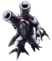  android armor cable cannon claws digimon digimon_adventure evil full_armor helmet mecha monster mugendramon no_humans semania9ja simple_background solo weapon 