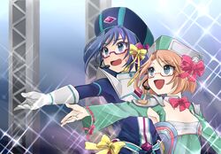  1boy blue_eyes blush brother_and_sister brown_hair cardfight!!_vanguard commentary_request female glasses hat headset music open_mouth sendou_aichi sendou_emi shijimi_(outa) short_hair siblings singing smile sparkle 