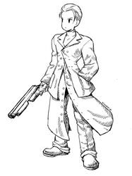  1boy artist_name coat commentary_request dated final_fantasy final_fantasy_tactics final_fantasy_vii greyscale gun hand_in_pocket kinuko_(kinucakes) male_focus monochrome parody rufus_shinra shotgun simple_background solo standing style_parody weapon white_background yoshida_akihiko_(style) 