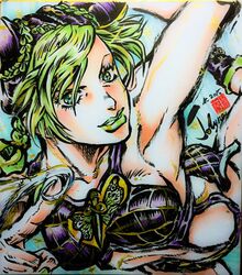  2015 ashiya_kouhei blue_eyes character_name commentary_request female green_eyes highres jojo_no_kimyou_na_bouken kujo_jolyne lipstick makeup marker_(medium) shikishi signature solo spider_web_print stone_ocean traditional_media 