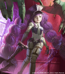  bedlam breasts claws colored_skin commentary_request crop_top doll_joints female gloves green_eyes hat huge_weapon joints lips long_hair lord_of_vermilion lord_of_vermilion_iii multi-tied_hair necktie nose photoshop_(medium) purple_hair reverse_grip small_breasts solo string very_long_hair weapon white_skin yuu_kikuchi 