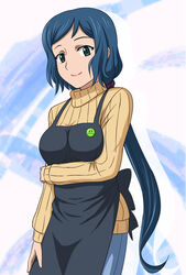  apron badge blue_eyes blue_hair blush breast_hold breasts button_badge commentary_request denim female gundam gundam_build_fighters haro_button_badge inou_hiroaki iori_rinko jeans lipstick long_hair looking_at_viewer makeup mature_female pants ponytail ribbed_sweater smile solo sweater very_long_hair 