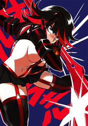  blush breasts commentary_request female fon-due_(fonfon) kill_la_kill matoi_ryuuko medium_breasts multicolored_hair navel photoshop_(medium) revealing_clothes scissor_blade_(kill_la_kill) senketsu short_hair solo suspenders sword thighhighs two-tone_hair weapon 