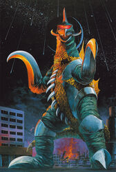  beak building circular_saw cyborg destruction fire full_body gigan godzilla_(series) kaida_yuuji kaijuu looking_at_viewer meteor_shower monster night night_sky no_humans official_art open_mouth photoshop_(medium) saw sky solo spikes standing star_(sky) starry_sky tail teeth traditional_media 