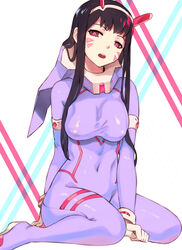  adapted_costume black_hair bodysuit breasts commentary cosplay covered_navel covered_nipples d.va_(overwatch) darling_in_the_franxx english_commentary facial_mark female hairband horns large_breasts long_hair looking_at_viewer overwatch overwatch_1 pilot_suit purple_bodysuit red_eyes shiny_clothes sidelocks sieyarelow simple_background sitting solo wariza whisker_markings white_hairband zero_two_(darling_in_the_franxx) zero_two_(darling_in_the_franxx)_(cosplay) 