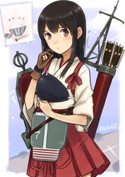  akagi_(kancolle) arrow_(projectile) bad_id bad_pixiv_id black_hair blush bowl female gloves japanese_clothes kantai_collection long_hair muneate o3o partially_fingerless_gloves quiver rice_bowl skirt smile solo tasuki umasanjin yugake 