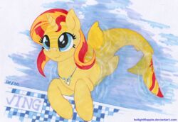  2015 blonde_hair blue_eyes equestria_girls equid equine female fish hair hasbro horn hybrid jewelry mammal marine my_little_pony mythological_creature mythological_equine mythology necklace red_hair shark solo sunset_shimmer_(eg) swimming_pool text traditional_media_(artwork) twilightflopple unicorn url water 