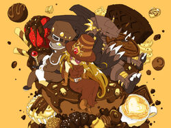  amatera arachnemon armor bandai blackwargreymon cake chocolate claws digimon digimon_adventure digimon_adventure_02 dragon female food hat helmet horns long_hair monster mummymon simple_background smile yellow_eyes 