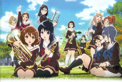  6+girls :d :o ;d ahoge arm_around_shoulder arm_up baritone_saxophone black_hair black_socks black_thighhighs blonde_hair blue_hair blue_neckerchief blue_sky blunt_bangs blush bow brown_footwear brown_hair brown_skirt closed_mouth cloud collarbone commentary_request day euphonium full_body glasses grass green_bow green_eyes green_neckerchief hair_between_eyes hair_ornament hair_over_shoulder hair_tie hairbow hairclip hand_on_head hibike!_euphonium highres holding holding_hands holding_instrument holding_saxophone ikeda_shouko instrument jumping kasaki_nozomi katou_hazuki kawashima_sapphire kitauji_high_school_uniform kneehighs knees_up kousaka_reina legs_together light_brown_hair loafers long_hair long_sleeves looking_at_viewer looking_back low_twintails mole mole_under_eye multiple_girls nakagawa_natsuki nakaseko_kaori neckerchief oboe official_art ogasawara_haruka one_eye_closed open_mouth oumae_kumiko outdoors park pigeon-toed ponytail profile purple_hair red_eyes red_neckerchief rimless_eyewear saxophone scan school_uniform seiza shoes short_hair sitting skirt sky smile socks standing tanaka_asuka tareme thighhighs tree trumpet twintails white_legwear wind yellow_bow yoroizuka_mizore yoshikawa_yuuko zettai_ryouiki 