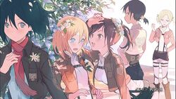  annie_leonhardt black_hair blonde_hair blue_eyes blush breasts brown_hair bush christa_renz cropped_jacket flower freckles hair_flower hair_ornament highres jacket kerchief long_sleeves medium_breasts mikasa_ackerman military military_uniform multiple_girls open_clothes open_jacket outdoors paradis_military_uniform petals plant red_scarf sasha_braus scarf shingeki_no_kyojin short_hair standing sunlight suspenders tanu training_corps_(emblem) uniform ymir_(shingeki_no_kyojin) 