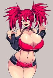  ashley_(camui_kamui) bra breasts camui_kamui choker cleavage curvy female huge_breasts navel open_mouth red_eyes red_hair short_shorts shorts smile solo twintails underwear wide_hips 