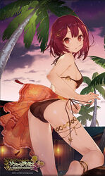  :o anklet ass atelier_(series) atelier_sophie barefoot bikini breasts feet female jewelry logo looking_at_viewer looking_back official_art palm_tree red_eyes red_hair sarong short_hair side-tie_bikini sideboob soles solo sophie_neuenmuller strap_pull swimsuit takekono tree 