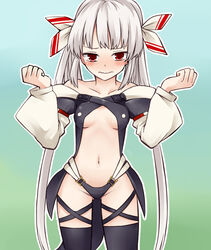  adapted_costume alternate_hairstyle black_thighhighs blush breasts commentary_request cosplay dizzy_(guilty_gear) dizzy_(guilty_gear)_(cosplay) female fujiwara_no_mokou grey_hair guilty_gear hair_ribbon long_hair looking_at_viewer medium_breasts miyo_(ranthath) navel red_eyes revealing_clothes ribbon solo thighhighs touhou twintails very_long_hair wavy_mouth 