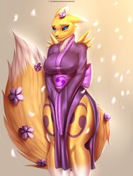  2016 3:4 accessory anthro asian_clothing bandai_namco big_breasts big_tail black_nose black_sclera blue_eyes blush breasts canid canine clothed clothed_anthro clothed_female clothing curvy_figure digimon digimon_(species) digital_media_(artwork) dipstick_tail doomthewolf dress dress_only east_asian_clothing excessive_fluff eyebrows facial_markings female fluffy fluffy_tail frown fur hair_accessory head_markings hi_res huge_tail japanese_clothing kanzashi kimono long_tail looking_away mammal markings multicolored_tail obi renamon slit_dress solo tail tail_markings text thick_thighs two_tone_tail url voluptuous wide_hips yellow_body yellow_fur 