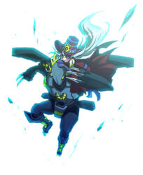  amatera arachnemon armor black_hair blackwargreymon blonde_hair claws creature digimon digimon_adventure digimon_adventure_02 dragon female gauntlets hat helmet horns jump jumping long_hair monster silver_hair sunglasses yellow_eyes 