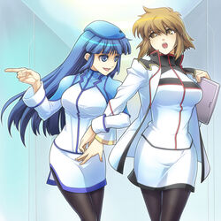  2girls baraduke black_legwear blue_eyes blue_hair brown_eyes brown_hair burning_force commentary_request computer crossover hallway hat hime_cut holding_another&#039;s_arm hpa_(foolish_factory) jacket laptop long_hair military military_uniform multiple_girls namco namco_x_capcom pantyhose pointing science_fiction tengenji_hiromi toby_masuyo uniform 