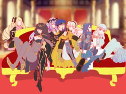  1boy 6+girls armor axe bad_id bad_pixiv_id bare_shoulders bikini black_armor blue_hair blurry blurry_background bodysuit camilla_(fire_emblem) commentary corrin_(female)_(fire_emblem) corrin_(fire_emblem) cosplay dress elise_(fire_emblem) english_commentary fire_emblem fire_emblem:_path_of_radiance fire_emblem:_the_blazing_blade fire_emblem_awakening fire_emblem_fates fire_emblem_heroes flat_color greil greil_(cosplay) hair_ornament hair_over_one_eye harem highres ike_(fire_emblem) indoors lips long_hair lucina_(fire_emblem) mimic_yous multiple_girls ninian_(fire_emblem) open_mouth purple_eyes purple_hair short_hair smile straight swimsuit tharja_(fire_emblem) tiara very_long_hair wavy_hair 