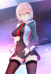  alternate_legwear black_dress black_thighhighs breasts chalkboard commentary_request dress fate/grand_order fate_(series) female glasses hair_over_one_eye highres jacket kugutsu_(961598140) large_breasts light_purple_hair looking_at_viewer mash_kyrielight math necktie open_clothes open_jacket petals purple_eyes short_dress short_hair solo thighhighs zettai_ryouiki 