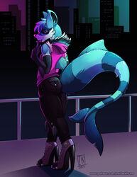  2016 ass boots bubble_butt butt_pose canid canine city clothing femboy fish footwear fox high_heeled_boots high_heels hybrid lips looking_at_viewer looking_back male mammal marine night open_toe_heels pose raised_tail shark shoes solo tail thick_bottom_lip thick_tail toe_cutout_heels zwitterkitsune 