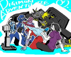  amatera arachnemon armor black_hair blackwargreymon blonde_hair claws copyright_name creature digimon digimon_adventure digimon_adventure_02 dragon female gauntlets hat helmet horns long_hair monster multiple_boys mummymon oikawa_yukio short_hair silver_hair sunglasses yellow_eyes 