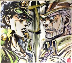  2boys ashiya_kouhei chains commentary_request dated face-to-face gakuran hat jojo_no_kimyou_na_bouken joseph_joestar joseph_joestar_(old) kujo_jotaro male_focus marker_(medium) multiple_boys school_uniform shikishi signature traditional_media 