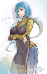  apron aqua_eyes blue_hair breast_hold breasts cowboy_shot crossed_arms denim gundam gundam_build_fighters haro_button_badge highres iori_rinko jeans large_breasts light_smile long_hair mature pandea_work pants ponytail ribbed_sweater solo sweater very_long_hair 