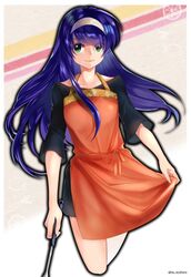  apron blue_hair cyaca_ab fire_emblem fire_emblem:_akatsuki_no_megami fire_emblem:_souen_no_kiseki green_eyes headband long_hair looking_at_viewer smile solo wayu_(fire_emblem) 