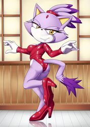  2016 anthro avoid_posting bbmbbf blaze_the_cat clothing dancing digital_media_(artwork) domestic_cat felid feline felis female hi_res leotard mammal mobius_unleashed palcomix sega smile solo sonic_the_hedgehog_(series) 