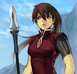  balsa blue_eyes blue_sky breasts brown_hair day dress female hair_between_eyes holding holding_weapon hungry_clicker large_breasts outdoors parted_lips pink_lips polearm ponytail red_dress seirei_no_moribito short_sleeves sky solo spear weapon 