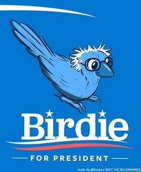  2016 ambiguous_gender avian beak bernie_sanders bird birdie_sanders blue_background blue_body blue_feathers blue_theme english_text eyewear feathers feral glasses humor karpour meme politics simple_background solo text 