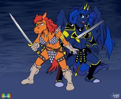  2017 alicorn anthro anthrofied armor bikini bikini_armor blue_hair boots breasts chainmail chainmail_bikini cleavage clothed clothing color_edit colored crown cutie_mark duo equid equine feathered_wings feathers female footwear friendship_is_magic frown gloves greaves green_eyes hair handwear hasbro headgear holding_melee_weapon holding_object holding_sword holding_weapon horn horse longsword mammal marmelmm melee_weapon my_little_pony mythological_creature mythological_equine mythology navel pauldron plate_armor pony princess_luna_(mlp) rabbi-tom red_hair red_shetland scabbard scalemail scalemail_bikini shetland_pony signature simple_background standing swimwear sword third-party_edit tiara unconvincing_armor vambrace weapon wings 