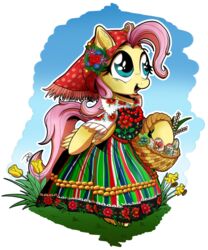  2016 alpha_channel basket blue_eyes clothing container dress easter easter_egg egg equid equine feathered_wings feathers female flower fluttershy_(mlp) friendship_is_magic gray-day hasbro hi_res holidays jewelry mammal my_little_pony mythological_creature mythological_equine mythology necklace pegasus plant solo wings yellow_body yellow_feathers 