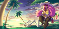  2019 2:1 anthro artist_name beach beverage big_breasts bikini breasts closed_eyes clothed clothing cloud container cup day digital_media_(artwork) drinking_straw english_text eyelashes featureless_feet feet female freckles generation_6_pokemon gourgeist grass hair hair_hand hair_over_eye hat headgear headwear hi_res huge_breasts latiar melanie_mortrose nintendo number obscured_eye one_eye_obstructed open_mouth open_smile outside palm_tree plant pokemon pokemon_(species) pokemorph sand shadow sitting sky smile solo summer sun swimwear teeth text tongue tree tropical two-piece_swimsuit wearing_hat 