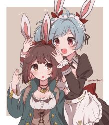  2girls :d :o animal_ear_hairband animal_ears apron atelier_(series) atelier_sophie blue_hair blush border braid braided_bangs brown_background brown_dress brown_eyes brown_hair commentary dress dressing_another fake_animal_ears hairband haruna_(citrus_love_i) highres jewelry juliet_sleeves long_hair long_sleeves looking_at_another maid maid_headdress multiple_girls necklace open_mouth outside_border puffy_sleeves putting_on_headwear rabbit_ear_hairband rabbit_ears red_eyes short_hair side_ponytail smile sophie_neuenmuller tess_heitzmann waist_apron white_apron white_border 