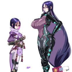  2girls absurdres arm_guards armor black_armor black_bodysuit black_eyes black_gloves blush bodysuit breast_conscious breast_envy breasts collarbone cosplay costume_switch covered_navel dual_persona fate/grand_order fate/samurai_remnant fate_(series) fingerless_gloves gloves grey_bodysuit highres huge_breasts hydra_(mhydraaprilli) japanese_armor kishimen_hair large_breasts long_hair looking_at_breasts looking_at_viewer low-tied_long_hair minamoto_no_raikou_(fate) minamoto_no_raikou_(fate)_(cosplay) multiple_girls neon_trim parted_bangs purple_bodysuit purple_eyes purple_hair ribbed_sleeves rope shaded_face short_hair simple_background smile suneate thighs two-tone_bodysuit ushi_gozen_(avenger)_(fate) ushi_gozen_(fate) ushi_gozen_(fate)_(cosplay) very_long_hair white_background 