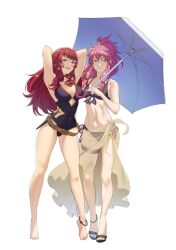  2girls :d alternate_costume armpits arms_behind_head arms_up bare_shoulders barefoot belt bikini black_bikini blue_umbrella breasts brown_belt commentary dagger fire_emblem fire_emblem:_the_sacred_stones fire_emblem_engage flip-flops full_body highres holding holding_umbrella knife long_hair looking_at_viewer marisa_(fire_emblem) medium_breasts multiple_girls one-piece_swimsuit open_mouth pink_eyes pink_hair pomelomelon ponytail purple_one-piece_swimsuit red_hair sandals sarong see-through smile standing swimsuit thigh_strap thighs umbrella very_long_hair weapon yunaka_(fire_emblem) 