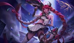  absurdres alternate_costume animal bare_shoulders black_skirt braid canine detached_sleeves female gatling_gun gem hair_ornament highres holding holding_animal holding_dog jinx_(league_of_legends) league_of_legends long_hair minigun miniskirt navel red_eyes red_hair red_lips rocket_launcher shiny_clothes skirt smile solo stomach syami_(choiimi) teeth thighhighs twin_braids twintails very_long_hair weapon white_skirt white_thighhighs zettai_ryouiki 